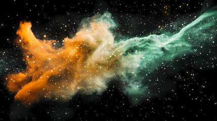 Wall Mural - Vibrant green and orange nebula with cosmic dust in deep space featuring star particle motion against a black backdrop creating a stunning cosmic scene. Whirling Cosmic Galaxy. Illustration