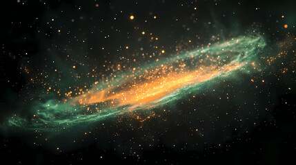 Wall Mural - Vibrant green and orange nebula with cosmic dust in deep space featuring star particle motion against a black backdrop creating a stunning cosmic scene. Whirling Cosmic Galaxy. Illustration