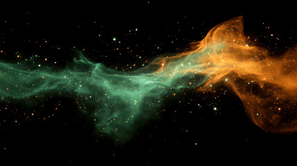Wall Mural - Vibrant green and orange nebula with cosmic dust in deep space featuring star particle motion against a black backdrop creating a stunning cosmic scene. Whirling Cosmic Galaxy. Illustration
