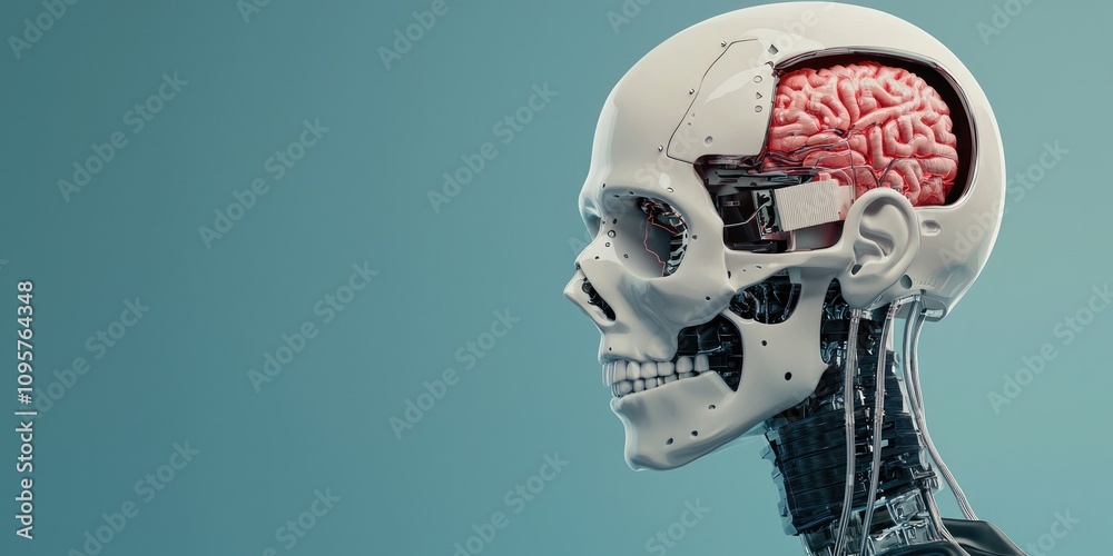 A detailed anatomical model showing a human skull with a visible brain ...