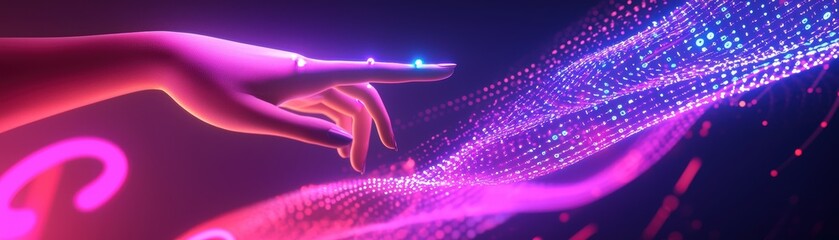 Poster - interacting abstract human hand with holographic display in digital space visual art representation 