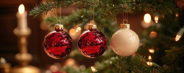 Wall Mural - Festive Christmas Tree Ornaments Red Cream Baubles Lights Branches