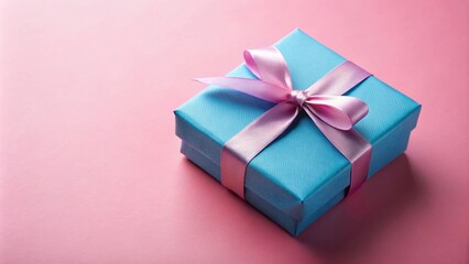 Wall Mural - Close-up of blue gift box with ribbon on pink background, gift, present, box, ribbon, pink, background