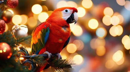 A cheerful parrot perched amid festive New Year decorations and glowing lights