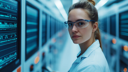 Poster - researcher in futuristic lab analyzing data on screens