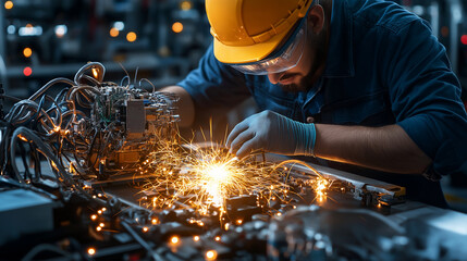 Poster - mechanic performing maintenance on high tech machinery, sparks flying