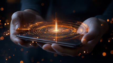 Poster - Person holding smartphone with glowing digital effects and data visualization