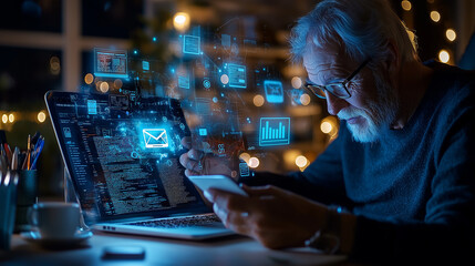 Poster - remote worker analyzing data on laptop while using smartphone