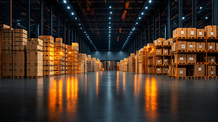 Aufkleber - modern warehouse filled with stacked boxes and bright lighting