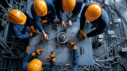 Poster - Routine maintenance by engineers in safety gear, focused teamwork
