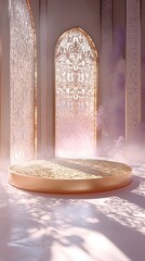 Wall Mural - A luxurious golden podium with intricate lace detailing, set in a soft mist of pink and lavender light, creating an open space for product showcasing.