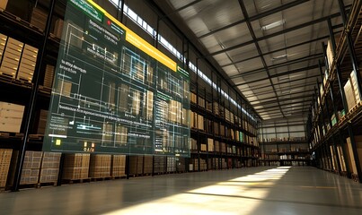 Poster - A modern warehouse interior with digital data displays for inventory management.
