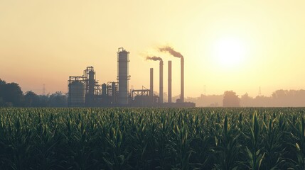 industrial sunrise over cornfield. shows the impact of industry on agriculture and the environment.