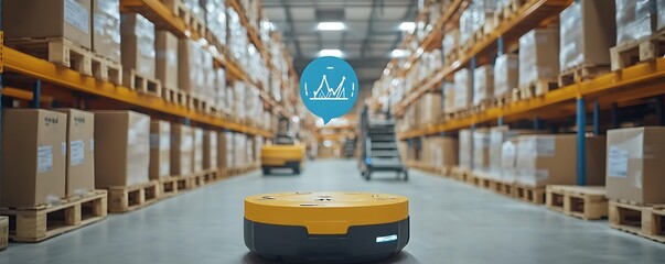 Poster - A robotic device navigating a warehouse filled with stacked boxes for efficient logistics.