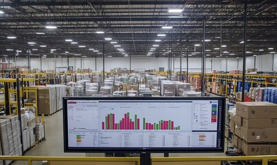 Poster - A view of a warehouse filled with inventory and a display screen showing data analytics.