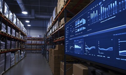 Poster - A warehouse with shelves and a digital screen displaying data analytics.