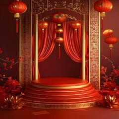 Wall Mural - A rich, festive podium with delicate gold details and red silk drapery, surrounded by lanterns and firecracker designs, with empty space for product placement.