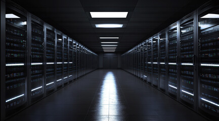 Aufkleber - A sleek corridor lined with server racks, illuminated by overhead lights, showcasing the advanced technology within modern data centers.