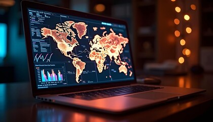 Wall Mural - World map on laptop for processing big data technology background