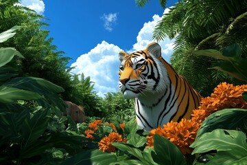 a digitally illustrated animal kingdom scene, showing various animals living harmoniously in a lush,