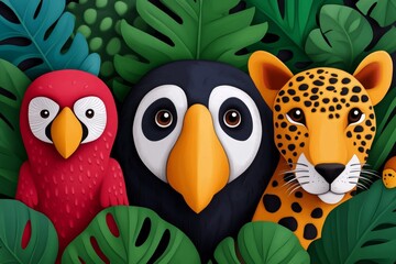 a digitally illustrated animal kingdom scene, showing various animals living harmoniously in a lush,