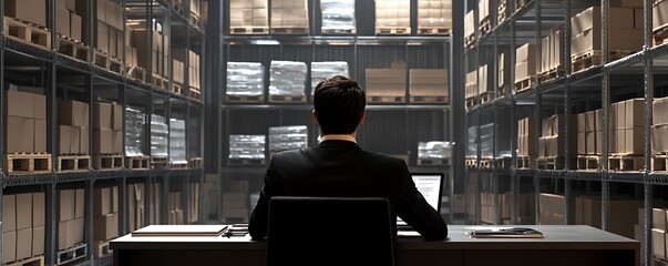 Poster - A person in a suit sits at a desk in a warehouse filled with boxes, focused on a laptop.