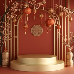 Wall Mural - A minimalist Chinese New Year podium with a gold and red color scheme, framed by auspicious symbols and delicate hanging lanterns, leaving room in the front for product showcasing.