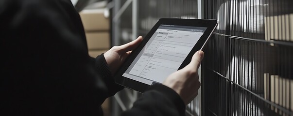 Poster - A person using a tablet in a storage area, likely for inventory or management purposes.