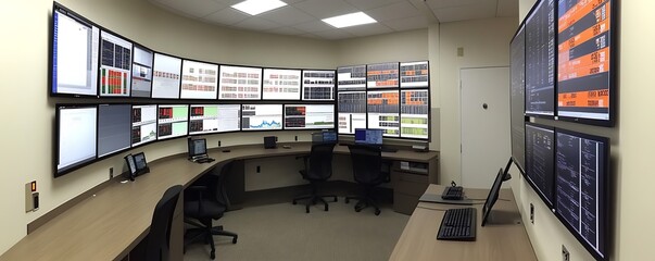 Poster - A high-tech control room featuring multiple screens for monitoring and data analysis.