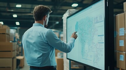 Poster - A man analyzes a map on a screen in a warehouse setting.