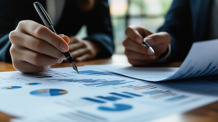Poster - A close-up of hands analyzing business reports, featuring charts and graphs, with a focus on collaboration and data-driven decision-making.