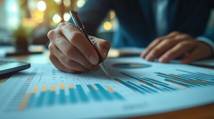 Poster - A person analyzes financial data on a report, using a pen to highlight key insights, with a smartphone nearby, while soft lighting adds a professional atmosphere.