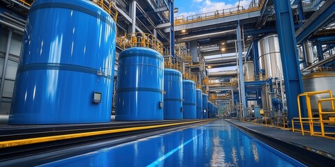 Poster - A modern industrial facility featuring blue storage tanks, bright lighting, and a clean design, showcasing advanced manufacturing processes.