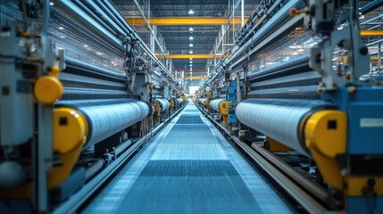 Poster - A factory interior showcasing rows of large machinery used for textile production, with a focus on the smooth workflow and industrial design.
