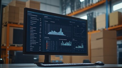 Poster - A monitor displaying data analytics and graphs in a warehouse setting.