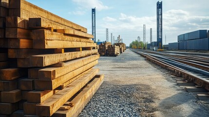 Aufkleber - A busy outdoor storage yard with large stacks of new wooden railway sleepers and steel rails, ready for construction or transportation projects