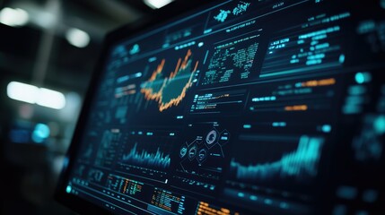 Poster - A close-up of a computer screen displaying complex data visualizations focused on analyzing stock market volatility and risk factors