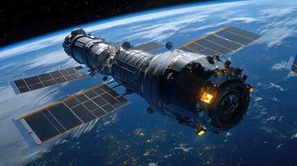 Poster - A close-up view of the International Space Station with solar panels fully extended, orbiting the Earth