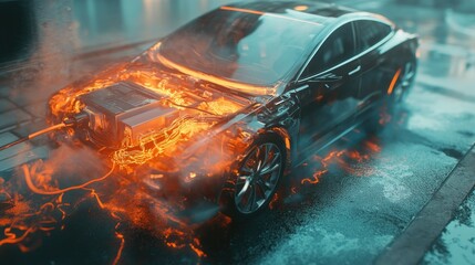 Poster - A conceptual image showing a battery overheating in an electric vehicle, underscoring the importance of advanced thermal management technologies in EVs
