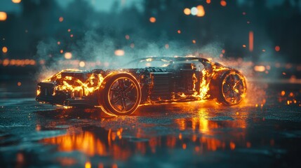 Poster - A conceptual image showing a battery overheating in an electric vehicle, underscoring the importance of advanced thermal management technologies in EVs