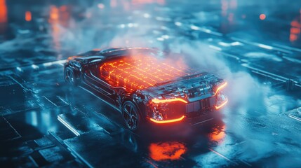 Poster - A conceptual image showing a battery overheating in an electric vehicle, underscoring the importance of advanced thermal management technologies in EVs