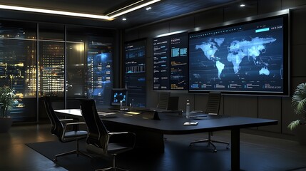 - Modern office with a large data display and city view at night.