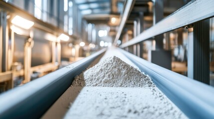 Poster - A conveyor belt system in a factory moving gypsum powder, showcasing the processing and production of construction materials