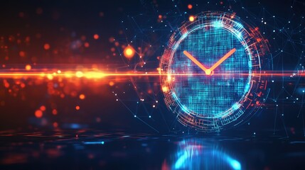 Poster - A digital clock with glowing mesh lines, illustrating the connection between time management and data analysis in a futuristic business space