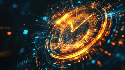 Poster - A digital clock with glowing mesh lines, illustrating the connection between time management and data analysis in a futuristic business space
