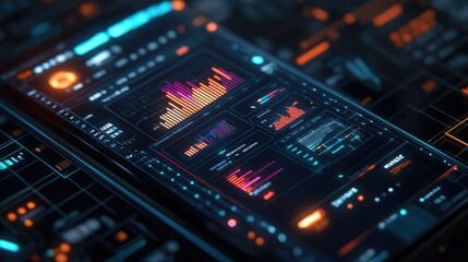 Leinwandbilder - A futuristic business app displayed on a glowing mesh-like smartphone interface, complete with dynamic lines and high-tech visuals
