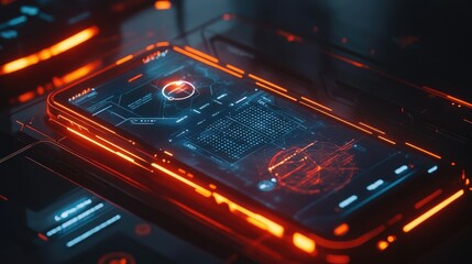 Leinwandbilder - A futuristic business app displayed on a glowing mesh-like smartphone interface, complete with dynamic lines and high-tech visuals