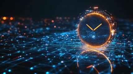 Poster - A futuristic digital clock with glowing mesh lines, symbolizing the intersection of time management and data analytics in a sleek business environment