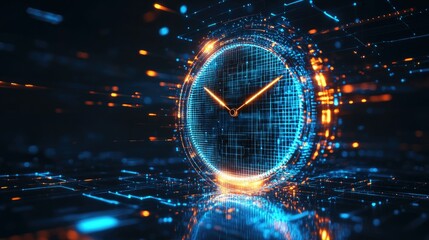 Poster - A futuristic digital clock with glowing mesh lines, symbolizing the intersection of time management and data analytics in a sleek business environment