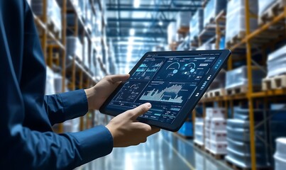 Poster - A person using a tablet to analyze data in a warehouse setting.